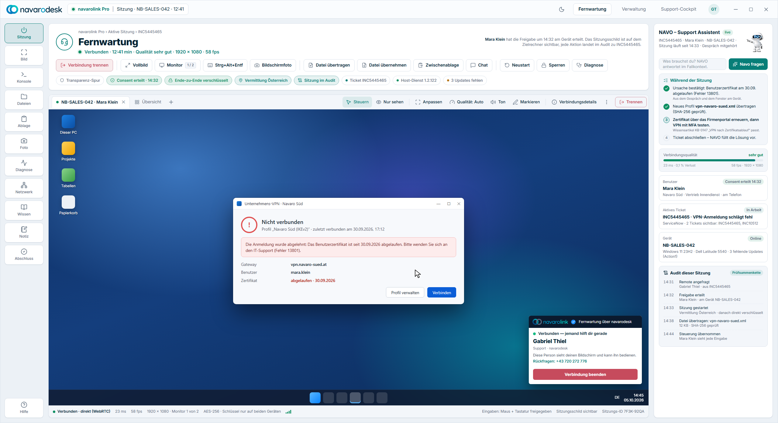 navarodesk Remote-Cockpit mit Werkzeugleiste, Host-Vorschau und Support-Assistent